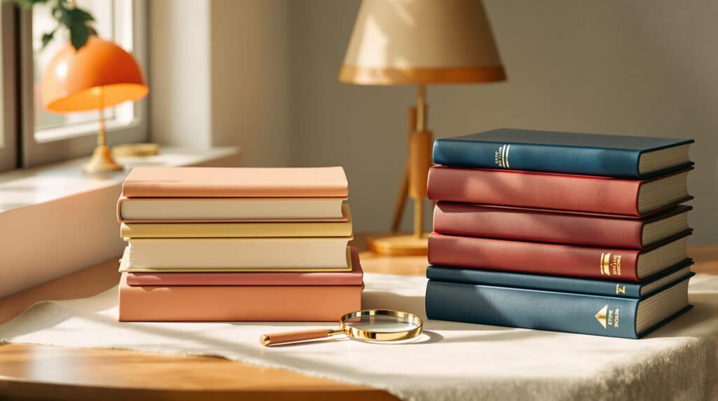 Stacks of pastel-colored books on a desk with a gold magnifying glass and pen in the foreground, warm lamp in the background.