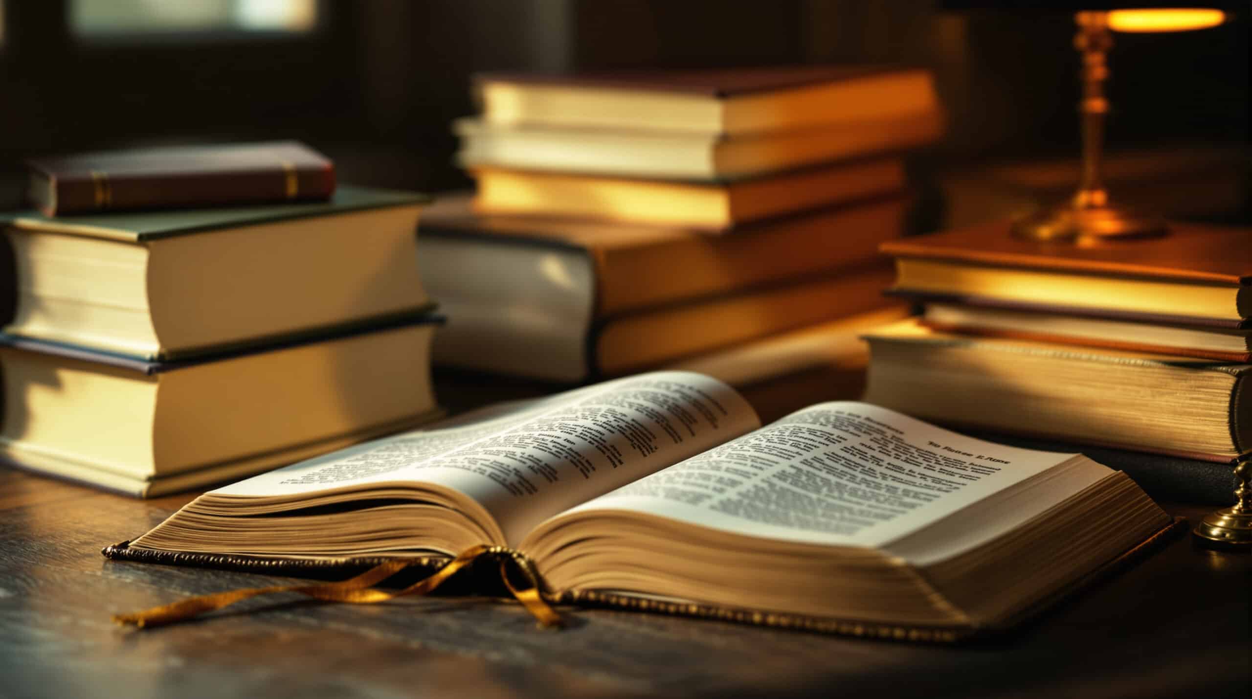 Open book with gradient stack of blank-spined books and compass, symbolizing how to choose comp titles
