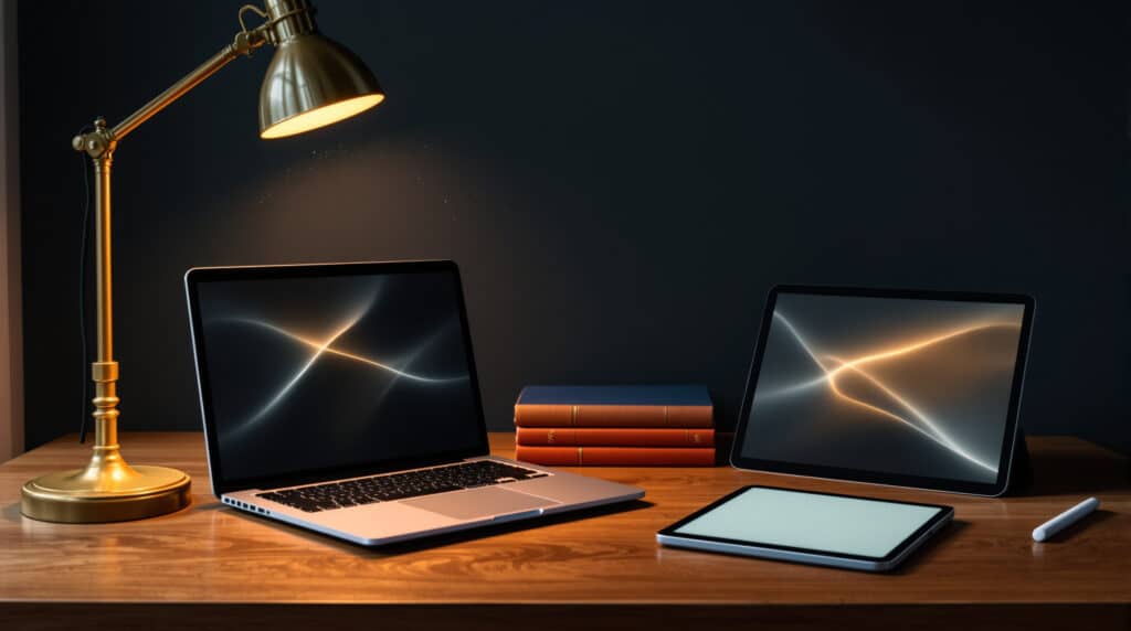Desk workspace featuring two laptops, a tablet, a stack of orange books, and a brass lamp on a wooden surface with a dark background.