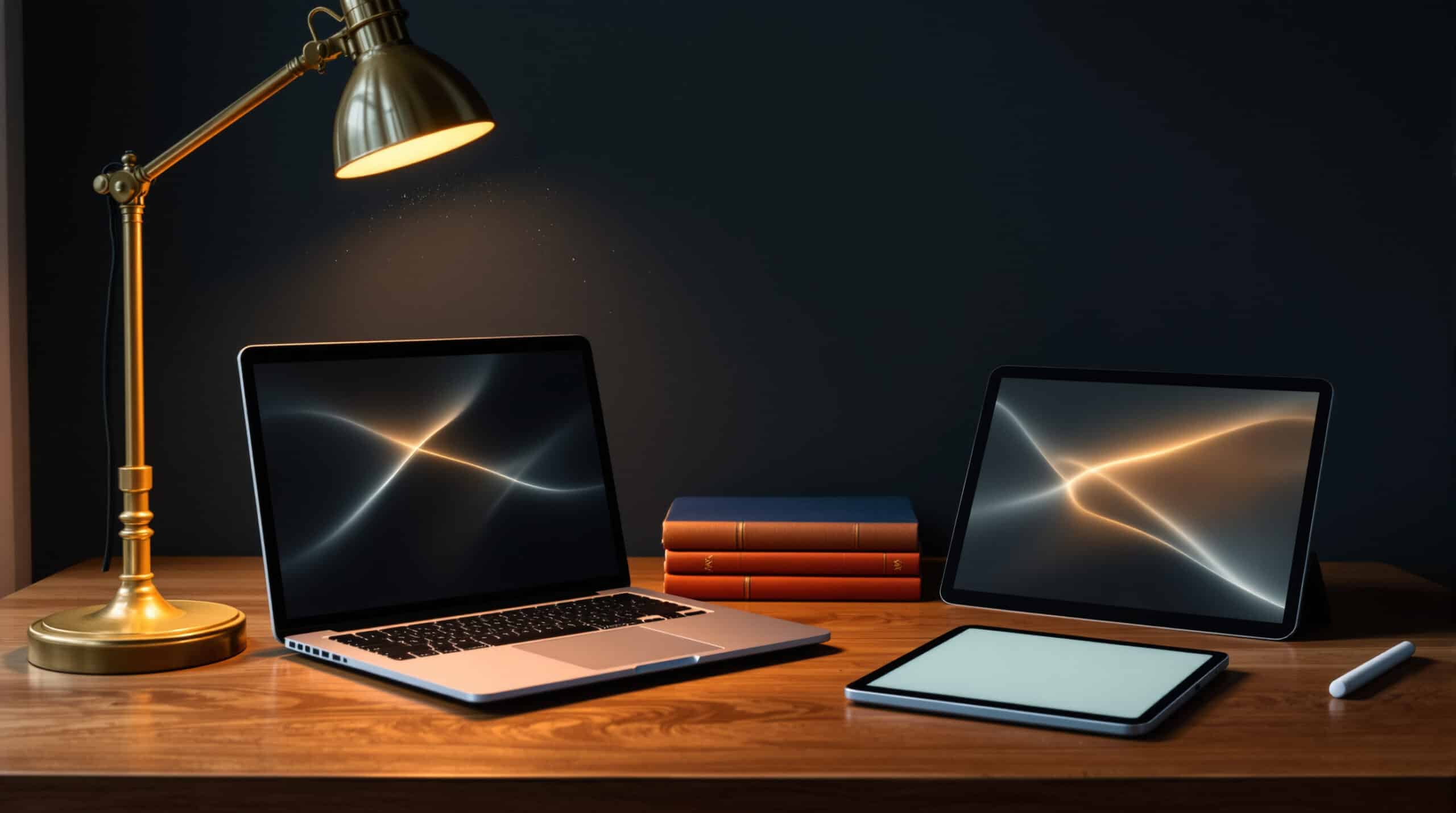 Desk workspace featuring two laptops, a tablet, a stack of orange books, and a brass lamp on a wooden surface with a dark background.