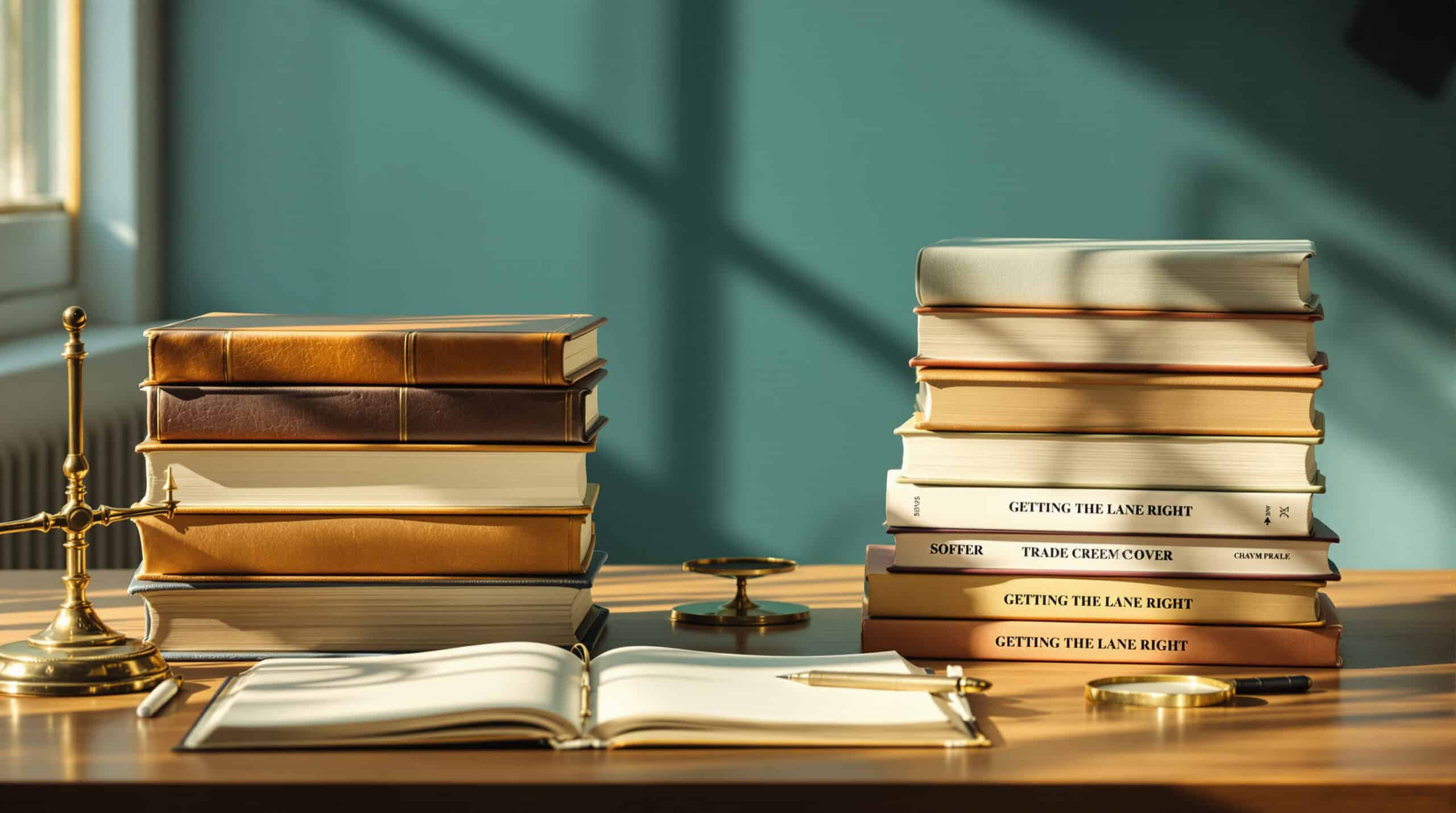 Stacks of leather-bound books on a wooden desk beside an open notebook and a gold desk accessory in a sunlit room, creating a scholar's workspace.