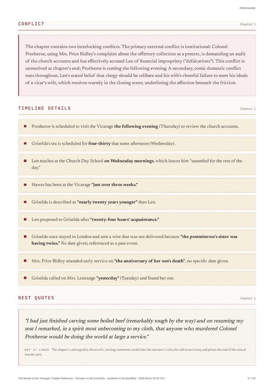 A page from a Perivane Chapter Reference: conflict summary, timeline details and best quotes for chapter one of The Murder at the Vicarage