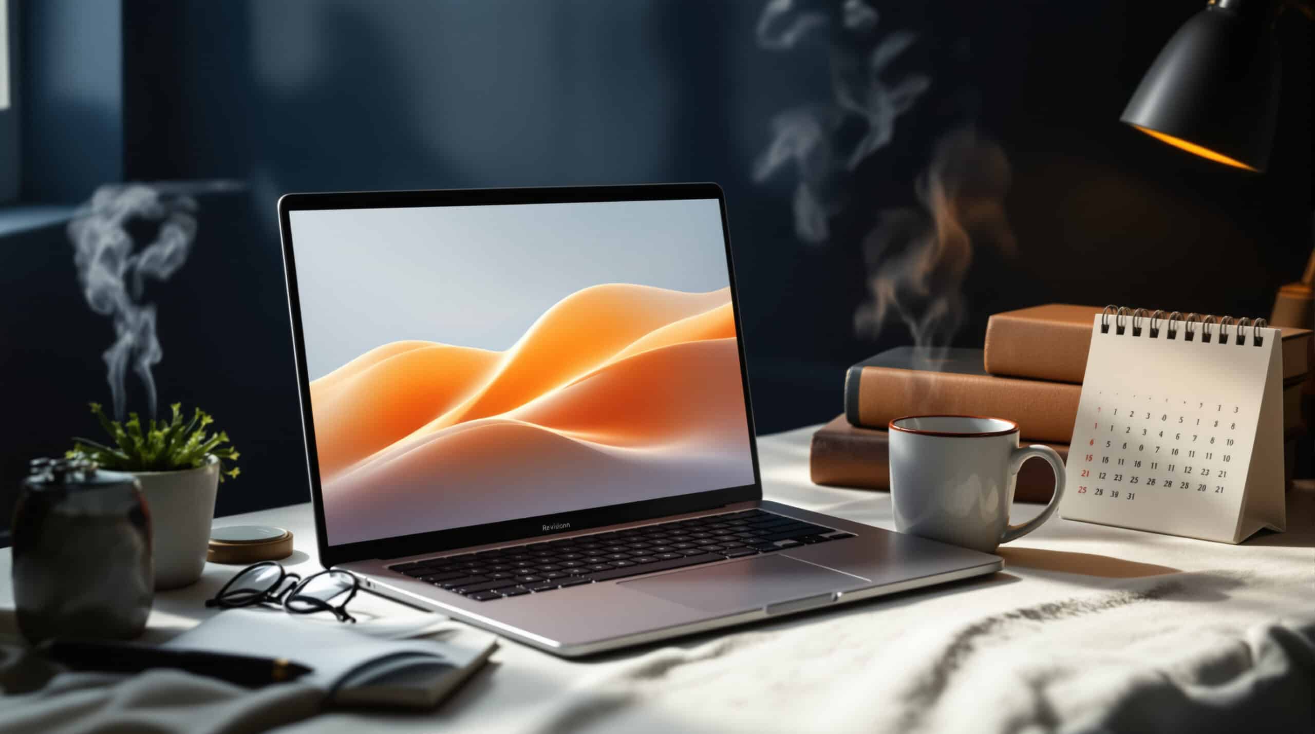 Laptop open on a desk displaying an abstract orange wave wallpaper, with a calendar, coffee mug, and stacked books nearby; steam rises from the mug as a desk lamp shines in background.