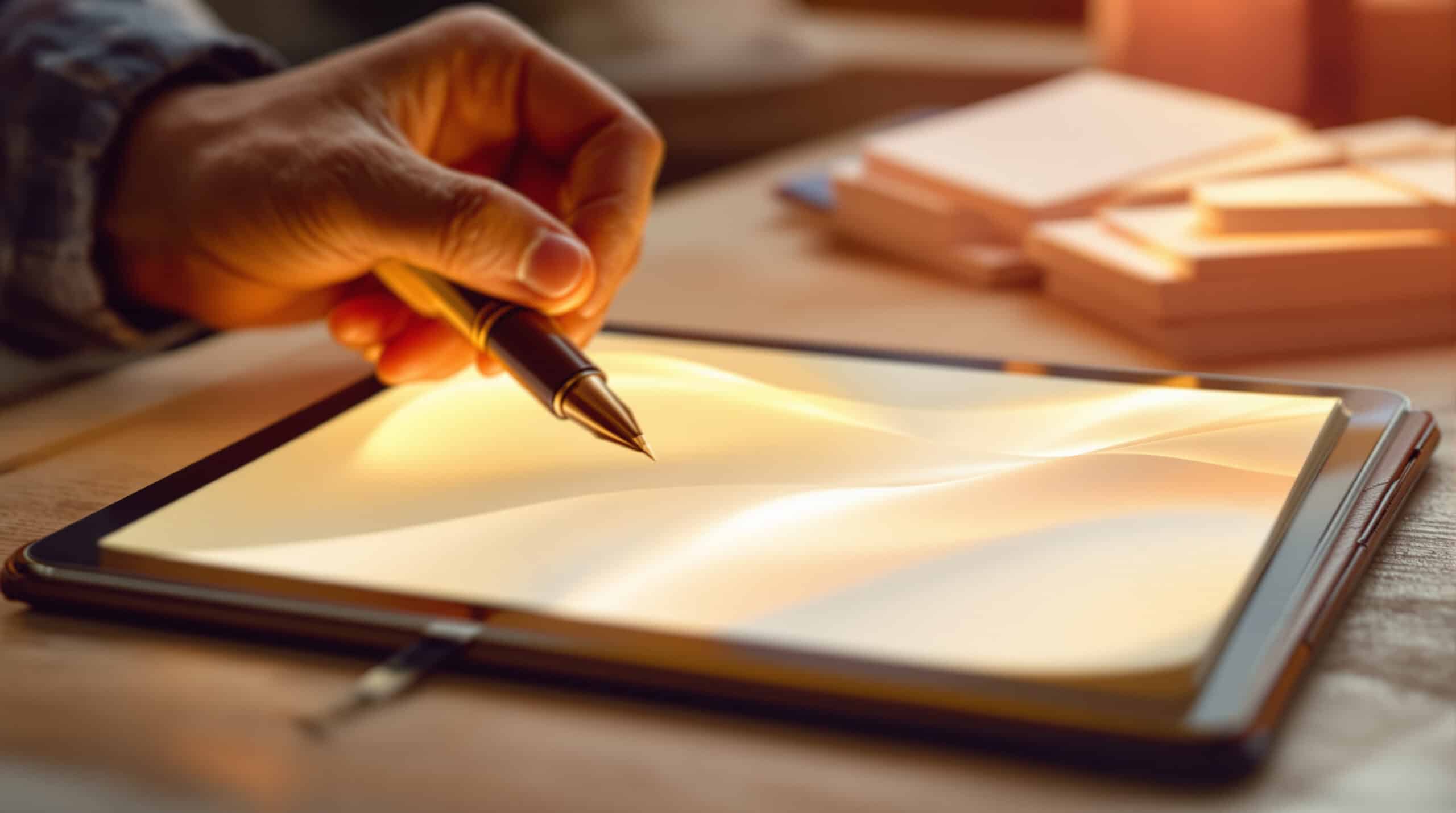 Hand adjusting blank journal beside glowing tablet, symbolizing editing a book description after publishing