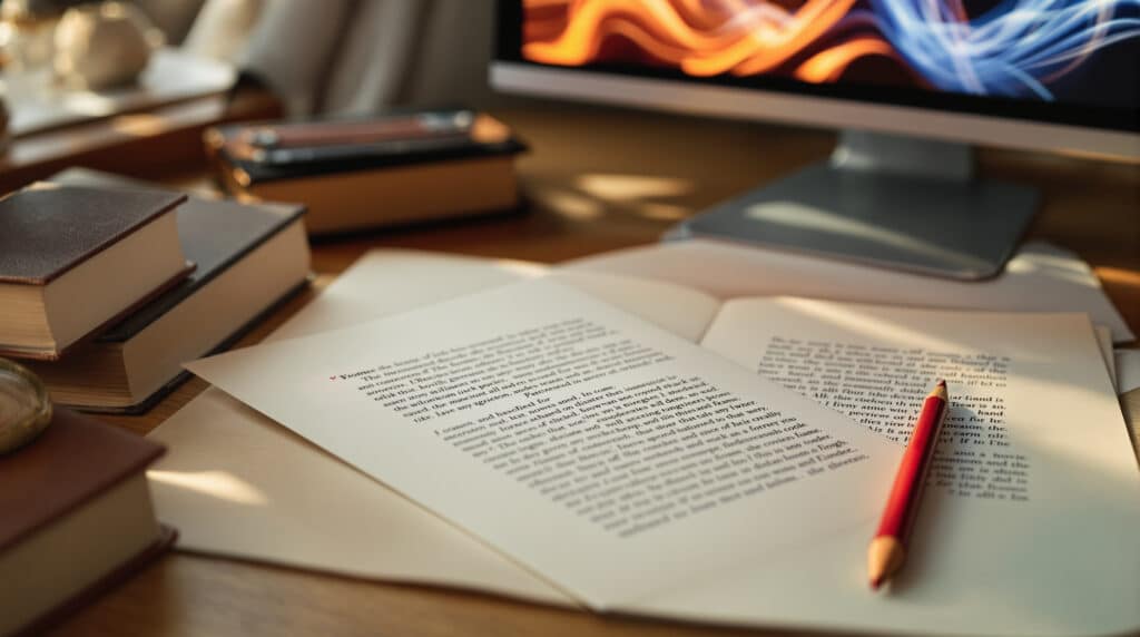 Writer's desk with manuscript, magnifying glass, and red pencil symbolizing self editing continuity errors