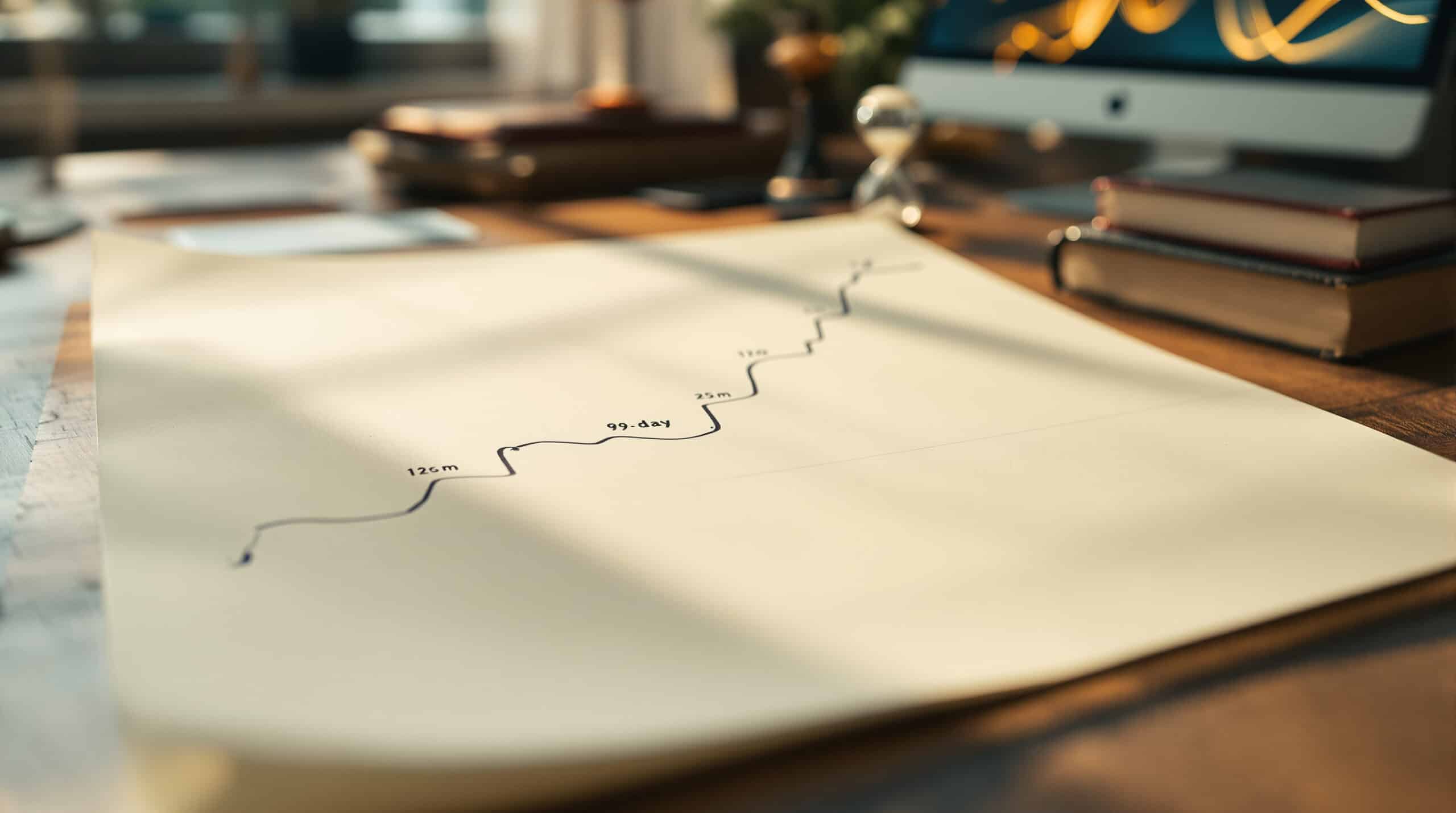 Hand-drawn ascending curve on paper with books and hourglass, symbolizing a book launch plan