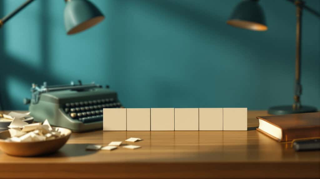 Row of white rectangular blocks lined up on a wooden desk with a vintage teal-typewriter on the left and scattered papers nearby.