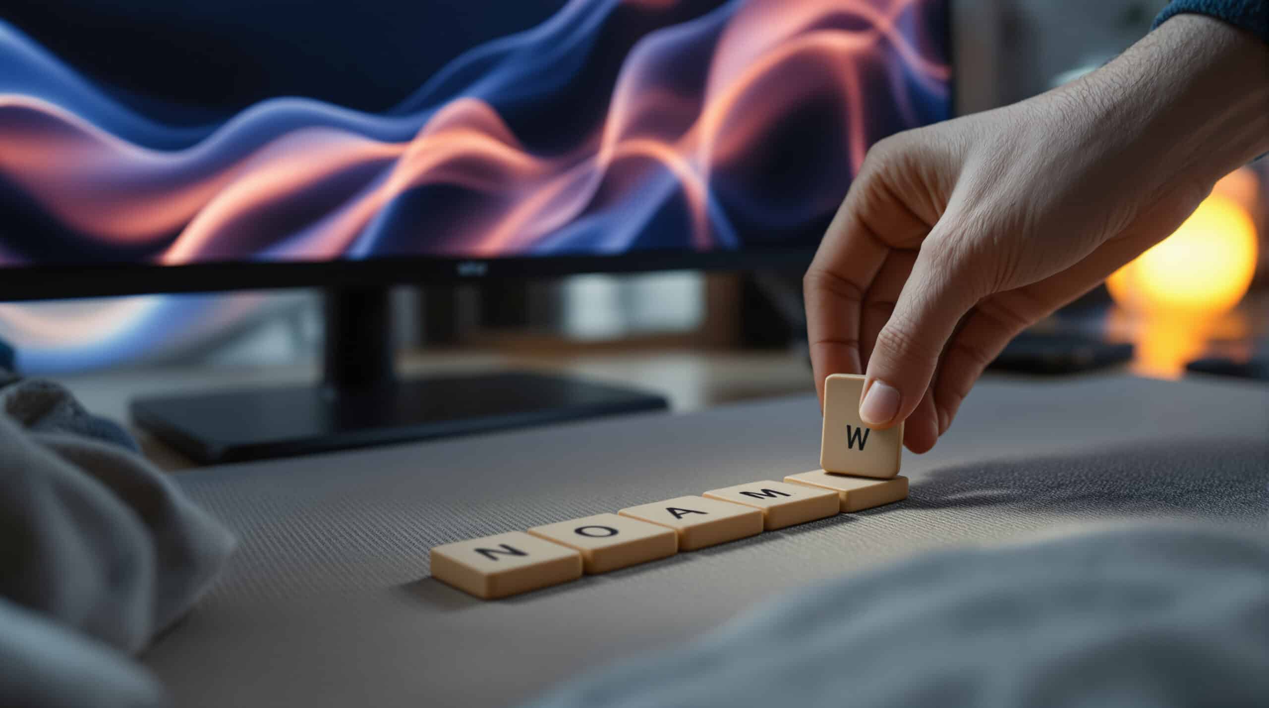 Hand arranging seven blank wooden tiles, symbolizing organizing Amazon KDP keywords into categories