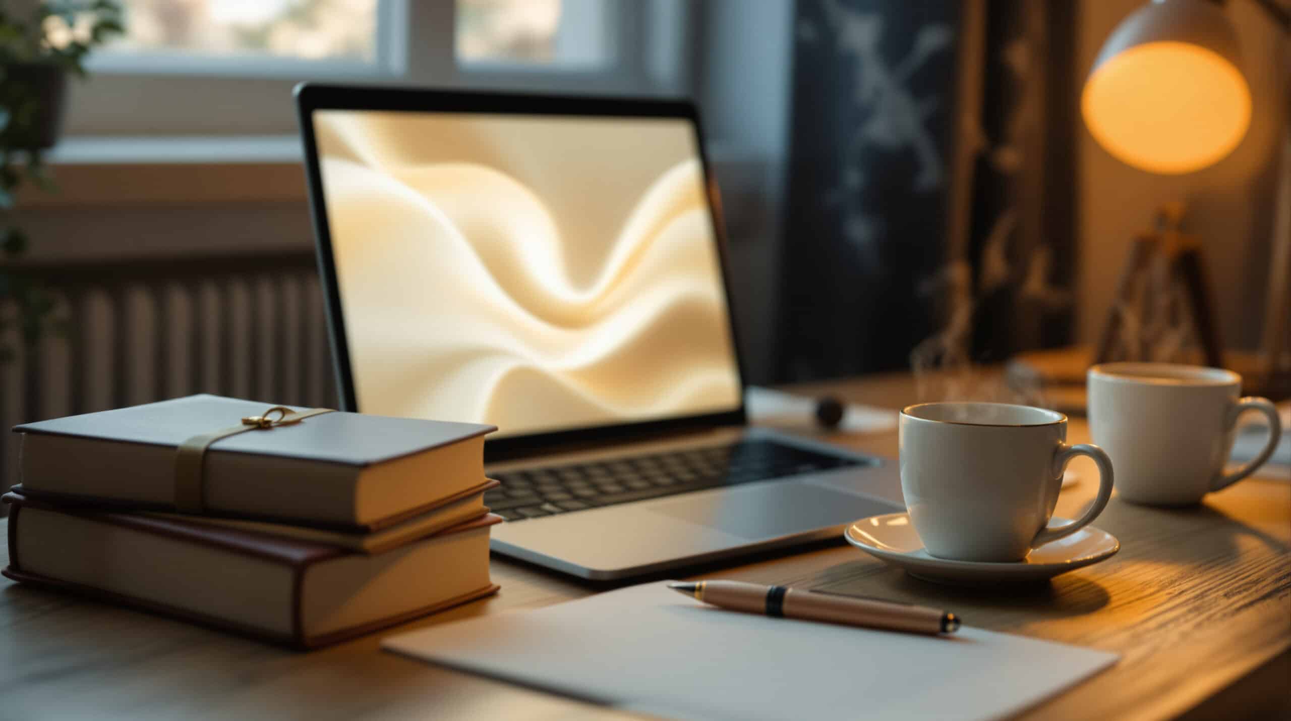 Laptop on a desk with a stack of books, a wrapped present, a notebook and pen, plus two coffee cups and a warm desk lamp.