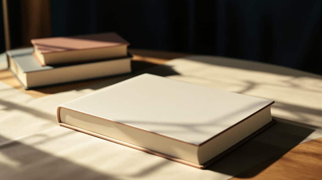 Blank hardcover book with unlabeled cover, symbolizing a weak book subtitle needing revision