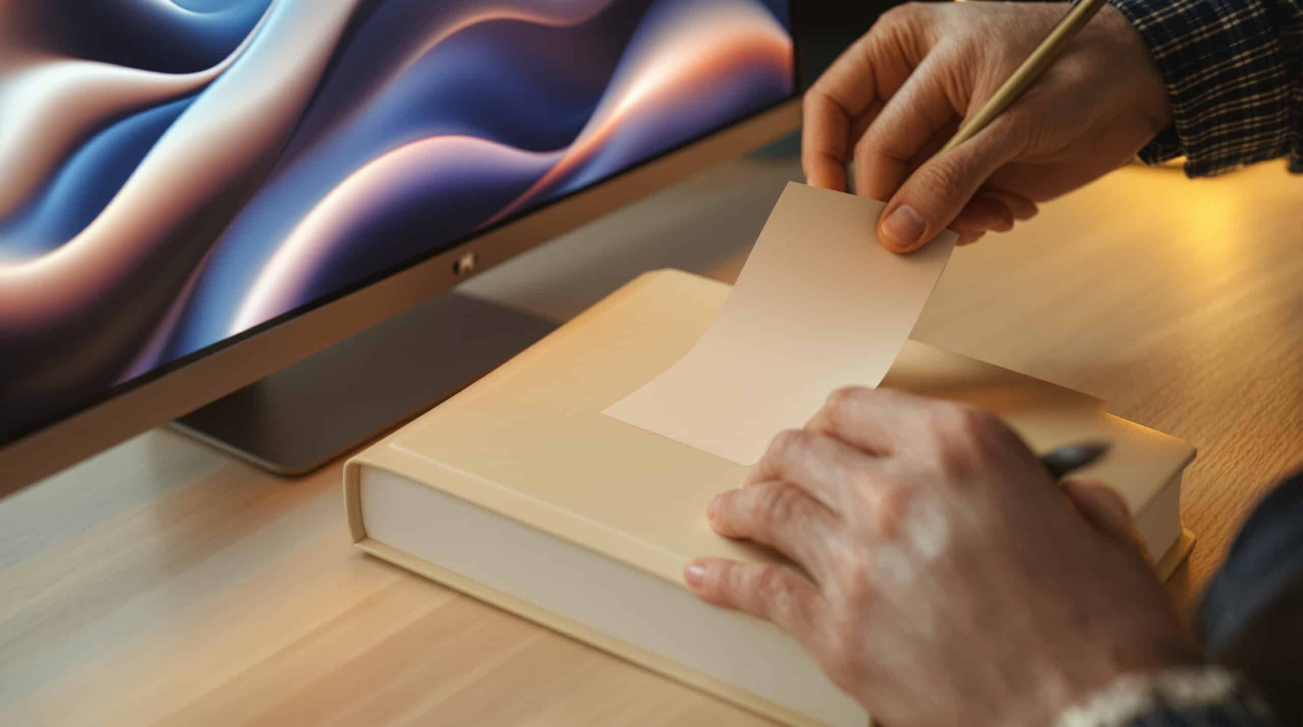 Writer testing blank paper strips for book subtitle placement on leather cover