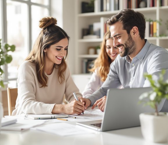 Two authors meeting with a publishing consultant in a bright, modern office, reviewing documents together at a laptop during a collaborative planning session.
