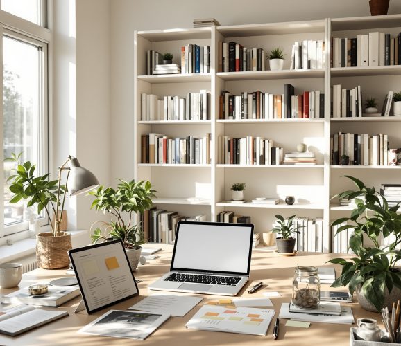 Bright creative workspace filled with books, laptops, notes, and plants, representing the Indie Pen Press editorial process