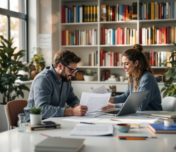 A cozy, modern writing studio with soft natural light. A writer and editor sit together at a clean white desk, reviewing printed manuscript pages. Laptops, notebooks, and a few scattered pens create a warm, collaborative atmosphere. Bookshelves filled with colorful books line the background. Soft bokeh lighting, inviting creative mood, cinematic clarity