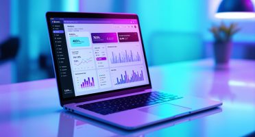 A laptop displaying a bright Amazon-style analytics dashboard with charts and performance metrics, shown on a modern desk with soft blue and purple lighting.