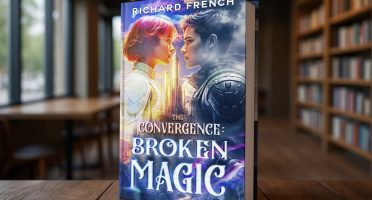 Hardcover copy of The Convergence: Broken Magic standing upright on a wooden table inside a softly lit bookstore.